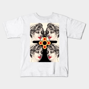 Black cross and woman with golden earring and red lips Kids T-Shirt